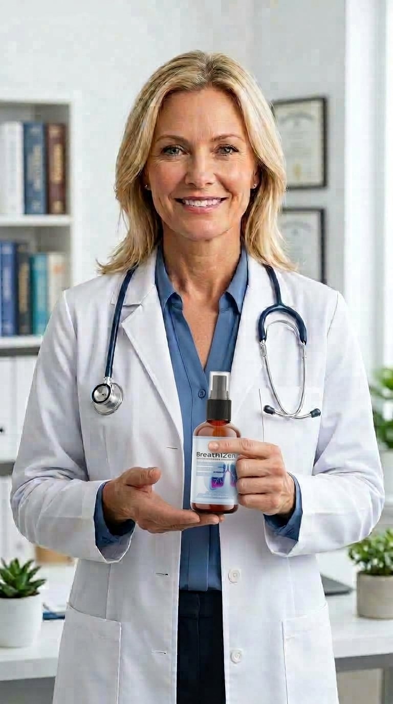 Dr. Sarah Mitchell holding Breathizen — SPD protein restoration formula